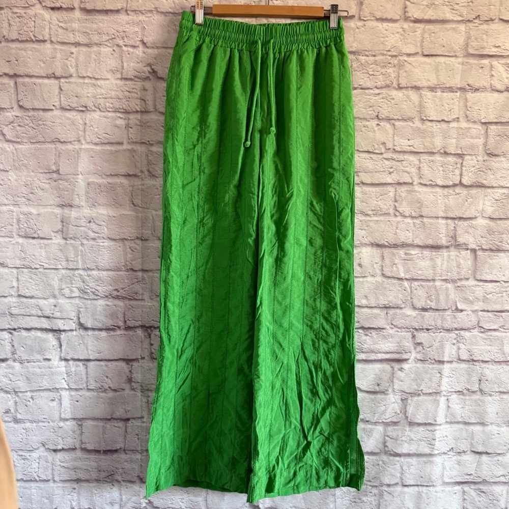 Jason Wu green crinkle drawstring waist wide-leg casual pants. - Picture 2 of 8